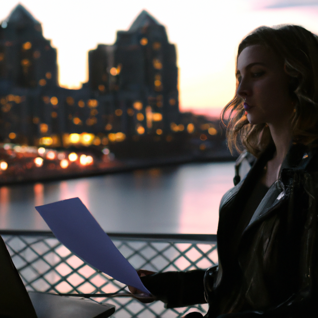 Anna on location reviewing documents at dawn in Toronto
