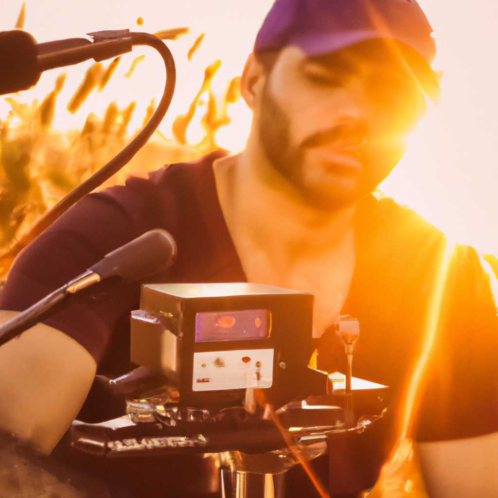 Maya recording an interview with a portable recorder during sunset
