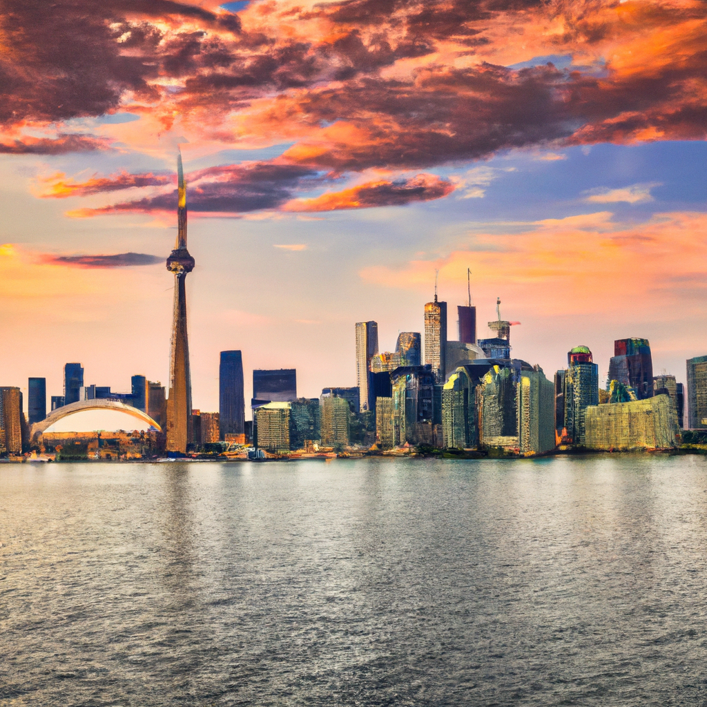 Toronto skyline with CN Tower and Lake Ontario at golden hour, symbolizing our Canada-based team